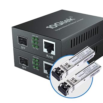 محول وسائط 10Gtek Gigabit Ethernet، محول متعدد الأوضاع من الألياف الضوئية LC المزدوجة إلى Ethernet RJ45 لـ 10/100/1000Base-Tx إلى 1000Base-SX مع وحدة SFP MMF 850 نانومتر، معتمد من UL، حتى 550 مترًا، عبوة من قطعتين