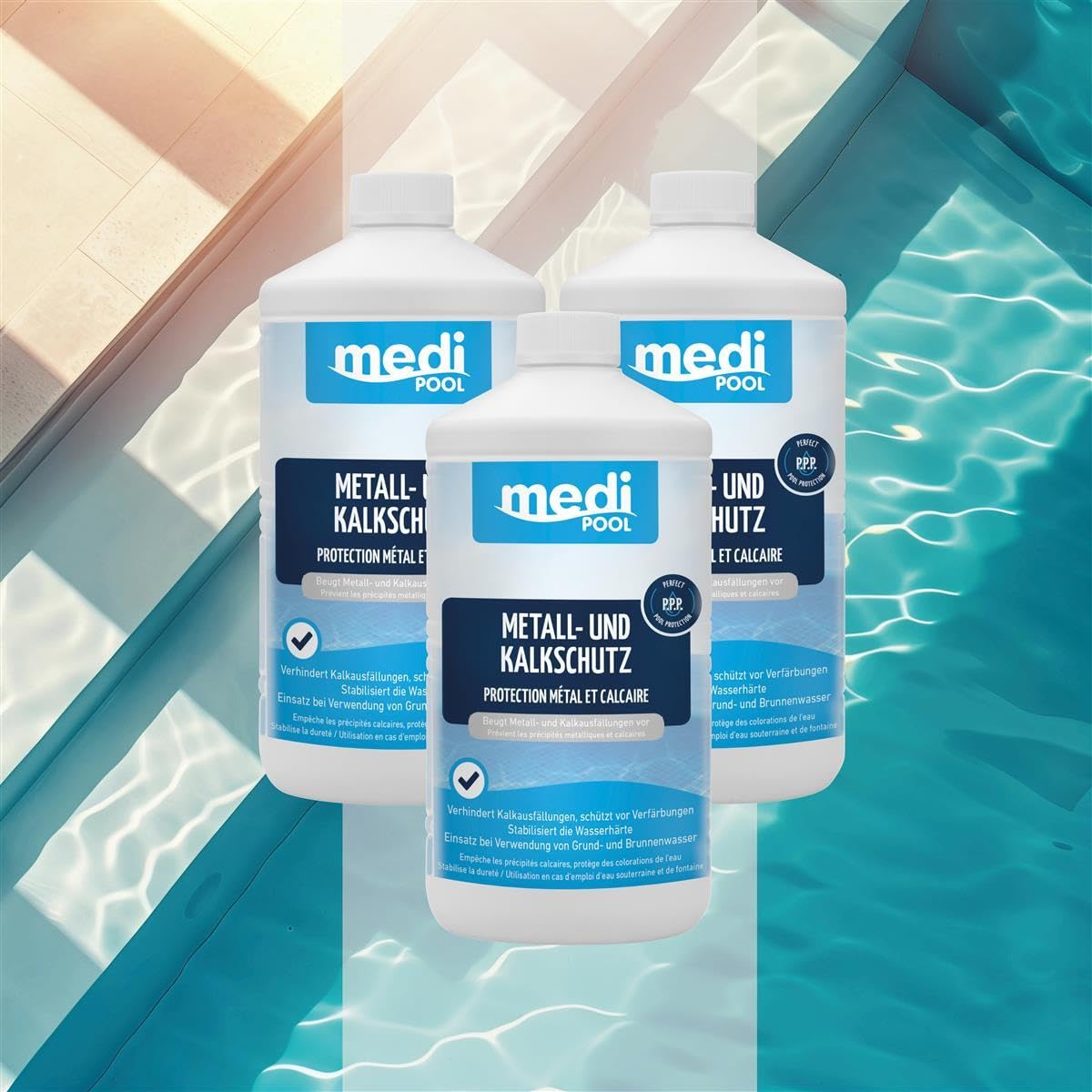 Medipool Metall- und Kalkschutz 3X 1 L, bei Verwendung von Grund- und Brunnenwasser, schützt den Pool und Leitungen, gegen Kalkausfällungen, Ablagerungen und Korrosionsschäden