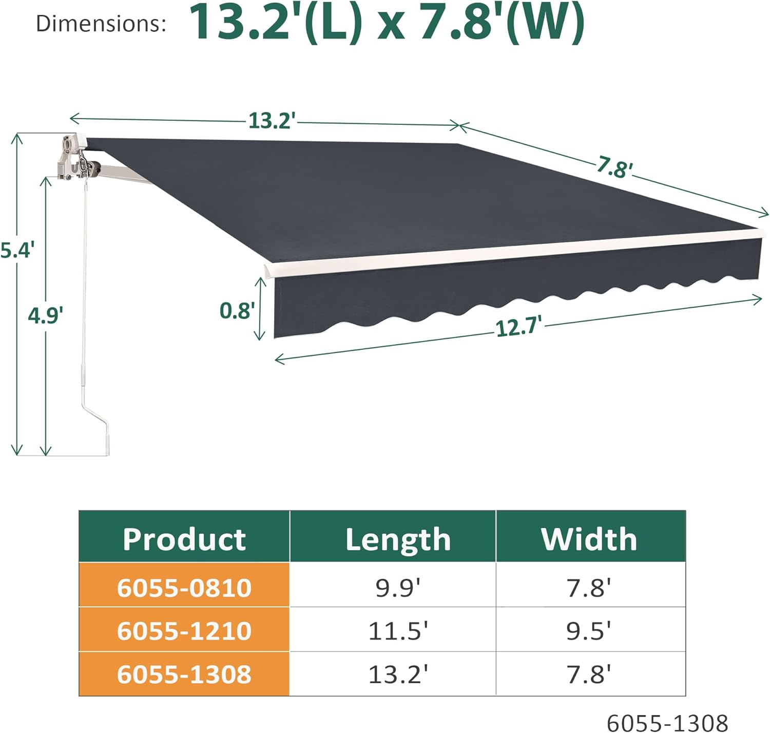 MCombo 13.2x7.8 Feet Manual Retractable Patio Door Window Awning Sunshade Shelter Outdoor Canopy, with Aluminum Frame and 280G Polyester Fabric,1308 (Grey, 13.2'(L) x 7.8'(W))