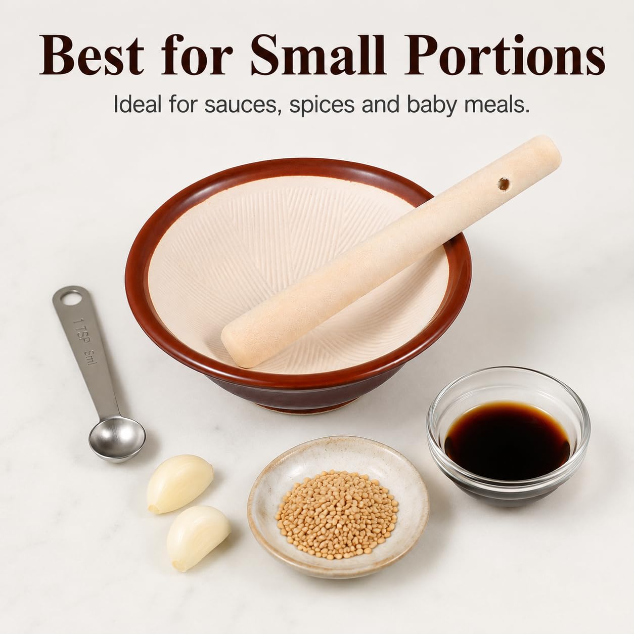 IMIKEYA Japanese Suribachi Mortar and Pestle Set: Ceramic Spice Grinder Bowl with Wooden Pestle for Grinding Seeds, Garlic, Ginger, and Spices