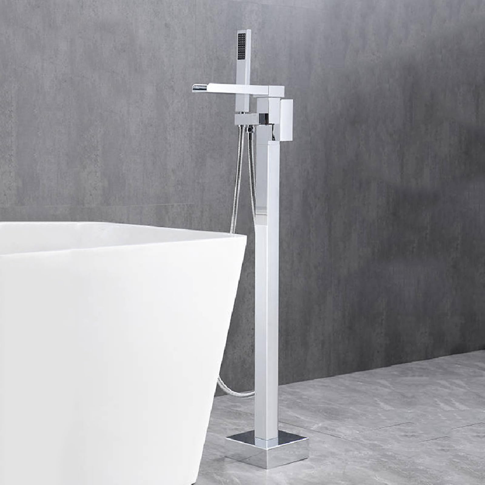 HADECOLL Freestanding Bath Shower Mixer Tap Waterfall Brass Hot And Cold Floorstanding Bath Taps With Shower, Black,Chrome