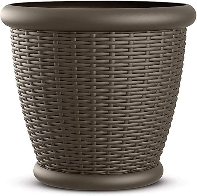 Suncast 18 Inch Round Decorative Plastic Wicker Style Planter Flower Plant Pot with Drillable Drainage Holes for Indoor or Outdoor Use, Brown