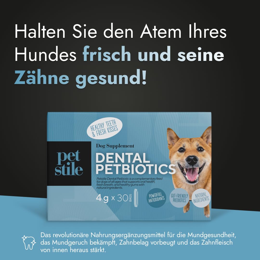 Dental PetBiotics – Zahnpflegepulver für Hunde mit Probiotika & Kräutern – Gegen Mundgeruch, reduziert Zahnbelag, unterstützt gesundes Zahnfleisch & die Darmflora (1x 120 g)