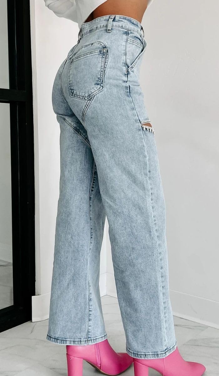 Women's Straight Legs Ripped Jeans Summer Casual Baggy High Waisted Distressed Cutout Rhinestone Denim Long Pants - Image 3