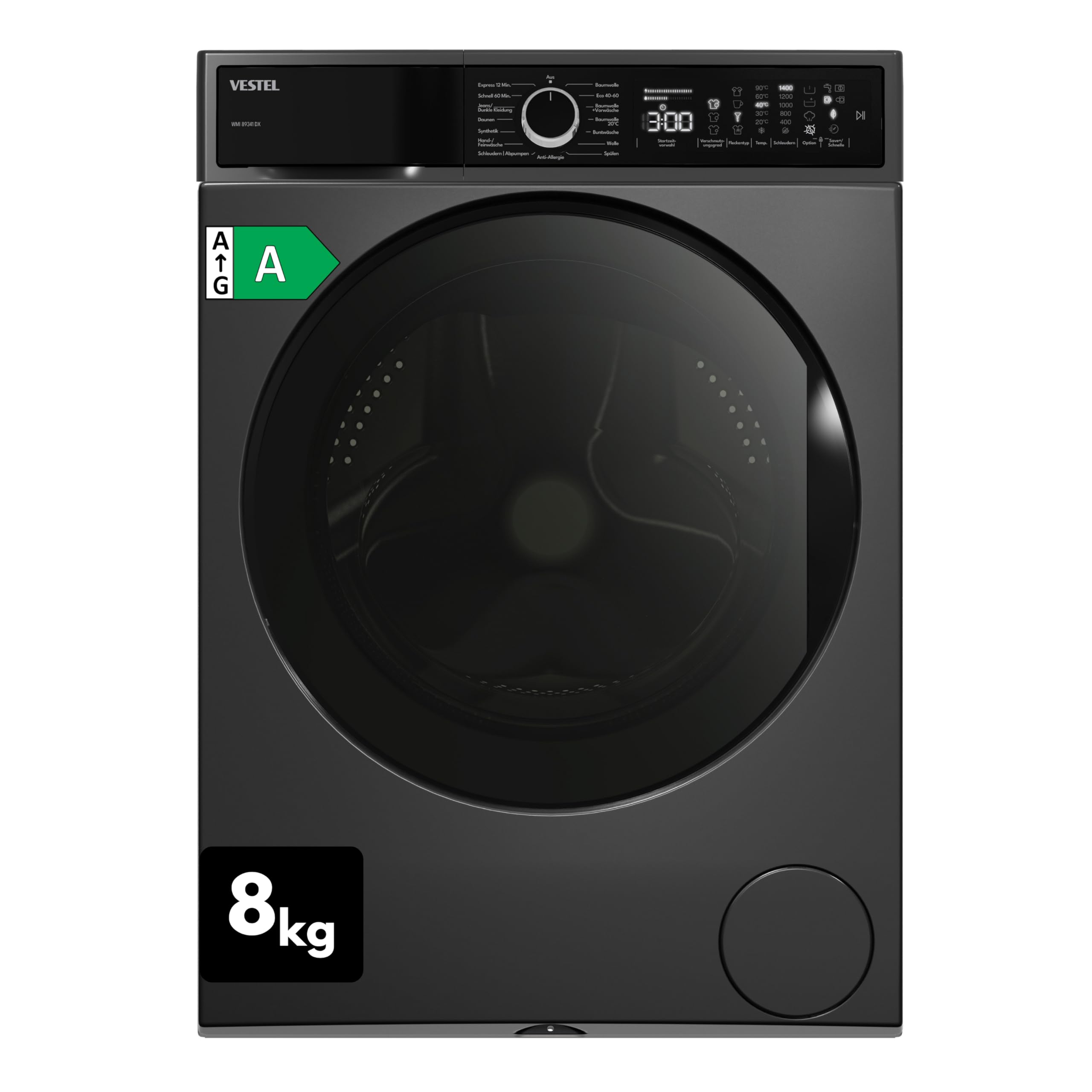 VESTEL WMI 89341 DX Waschmaschine Frontlader, 8 kg, 1400 U/min, Inverter-Motor, Dampf, AquaStop+Switch, Dark Inox
