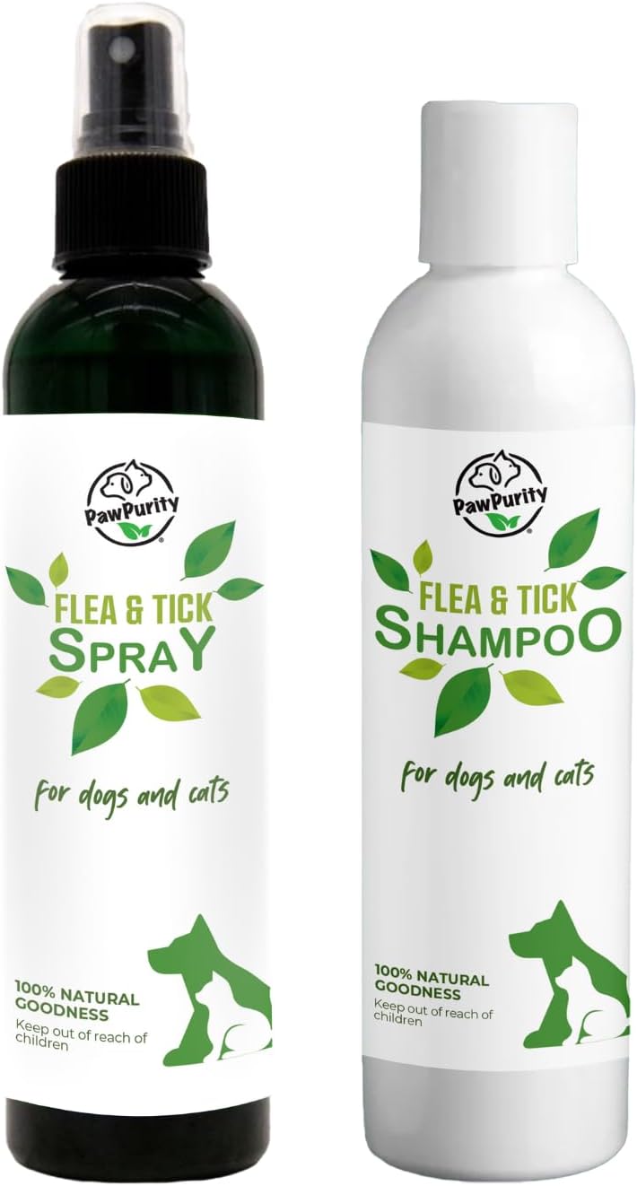 PawPurity Flea/Tick Shampoo and Spray Kit for Dogs & Cats, 100% Natural, Organic, Protects & Conditions, Herbal Citrus Scent (Shampoo 16 oz + Spray 8 oz)