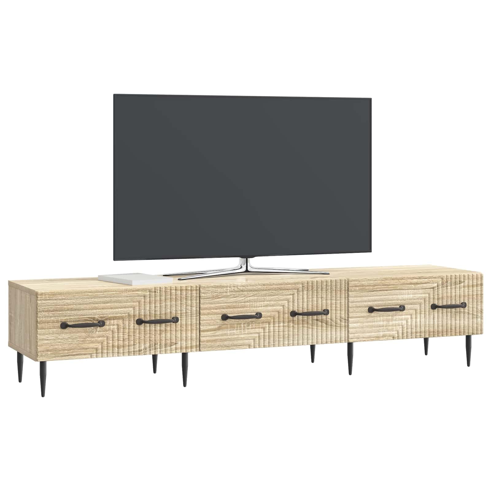 SYDE Mobile TV con cassetto, rovere Sonoma, 147 x 34,5 x 30 cm | Legno resistente, stile vintage, gambe coniche, maniglie nere, superficie per TV da 60 pollici