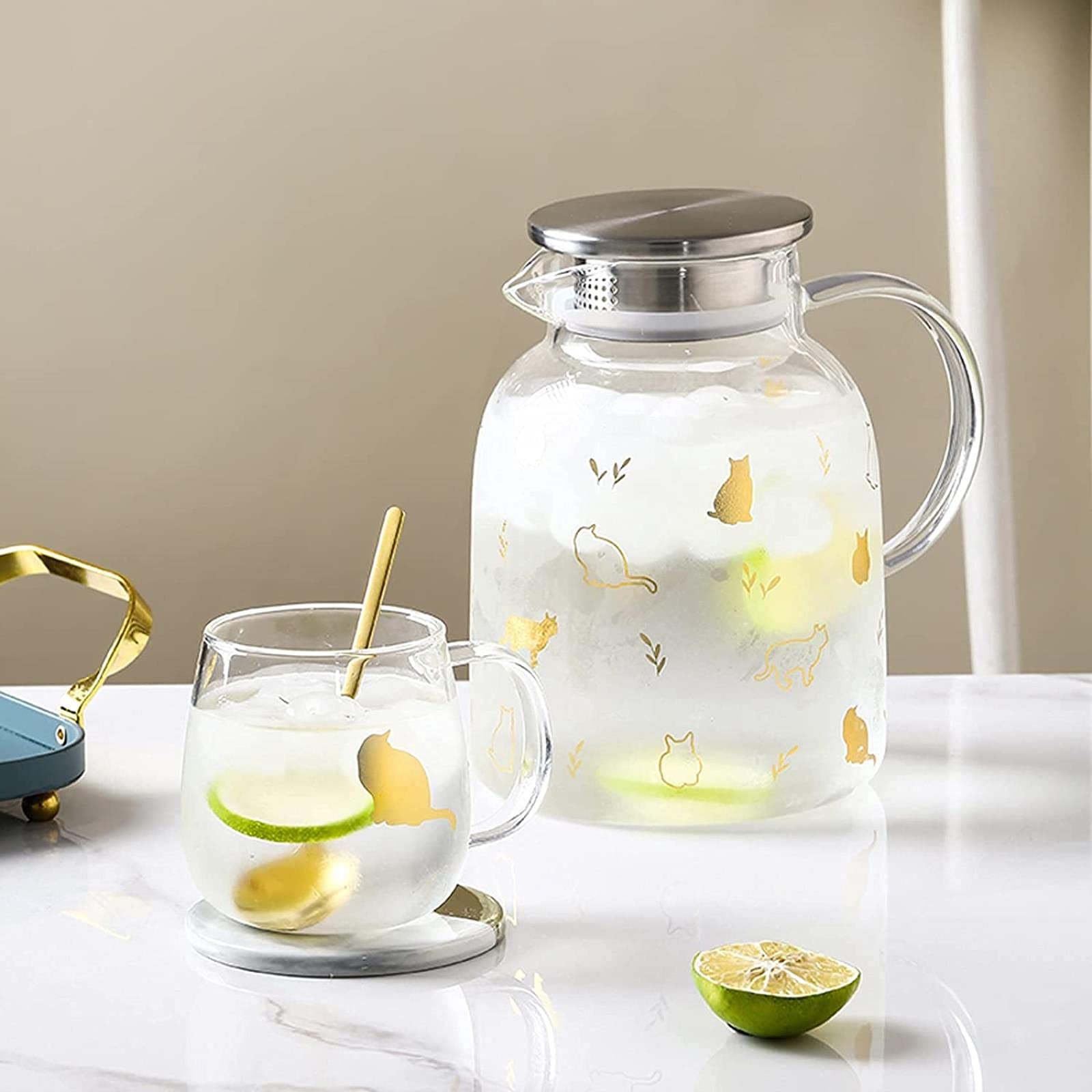 Jarra de Agua Simple Jarra de Vidrio de borosilicato con Tapa de Acero Inoxidable Jarra fría de Gran Capacidad Linda Tetera para Jugo, Leche, Caliente y Col