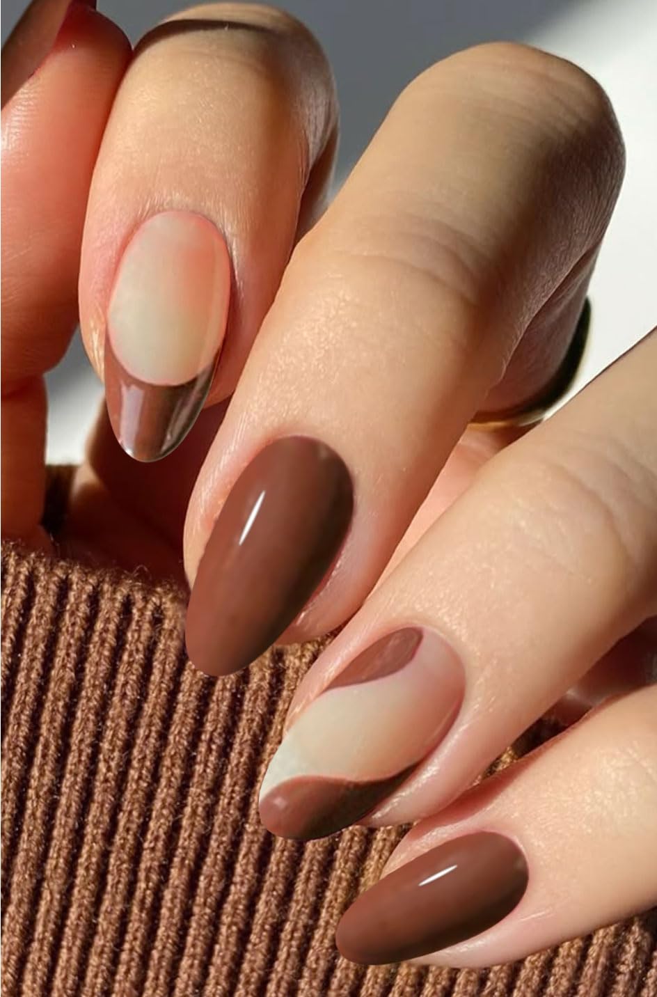JMEOWIO Gel Nail Stickers Red Brown French Tip Semi Cured Gel Nail Strips Wraps UV/LED Nails Art Design Decoration Accessories