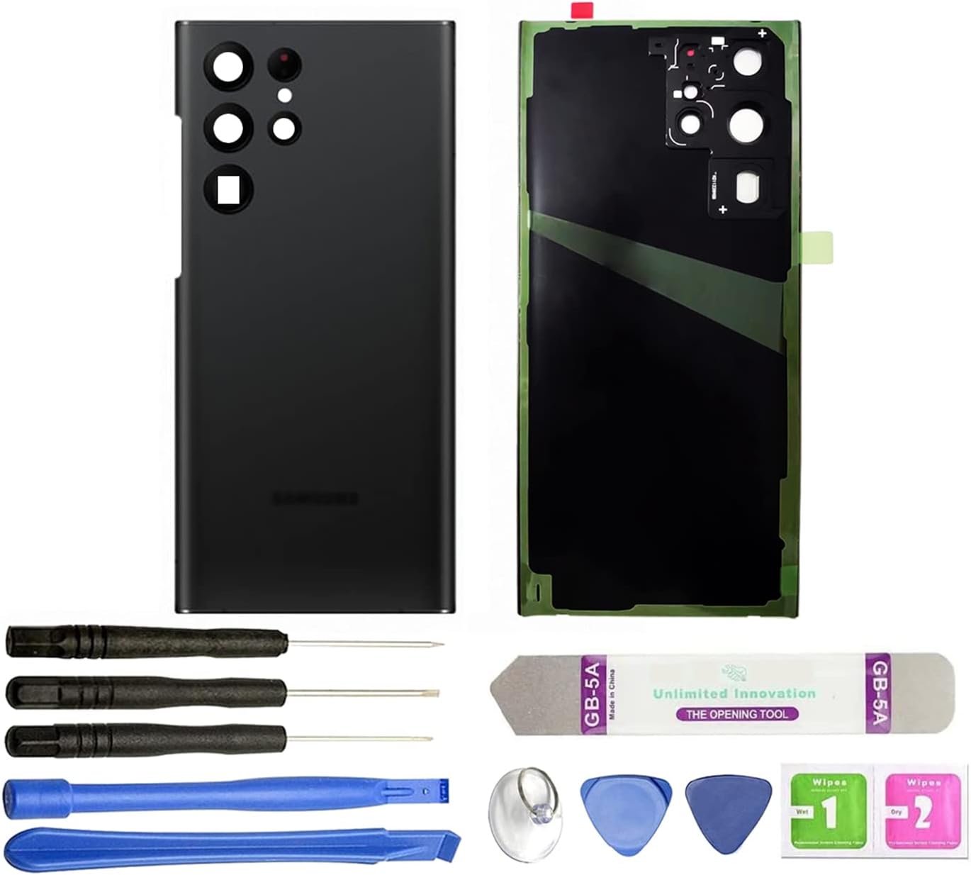 R RONPHONE for Samsung Galaxy S22 Ultra Replacement Back Glass Panel Case + Pre-Installed Camera Lens + All The Adhesive + Repair Tool Kit for Samsung Galaxy S22 Ultra All Carriers (Black)