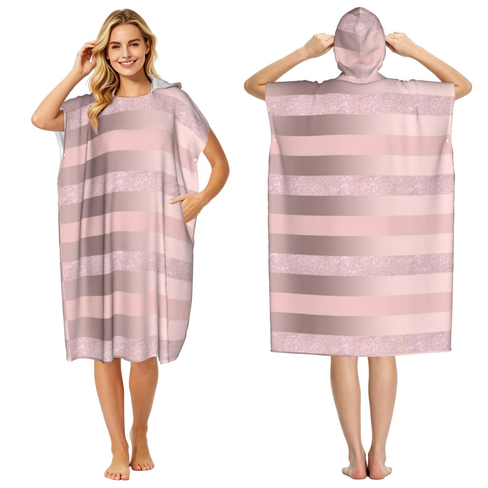Poadnly Elegant Rose Gold Glitter Blush Pink Stripe, Adult Hooded Beach Towel 90 x 110 cm,Changing Bath Robe, Surf Poncho Towel For Women Men