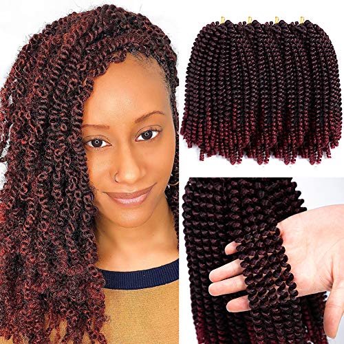 Ombre Color 1B Burgundy Spring Twist Crochet Braiding Hair Crochet Braid Crochet Hair Afro Kinky Curl Color Crochet Synthetic Hair 4 Pack(8inch #1bbug)