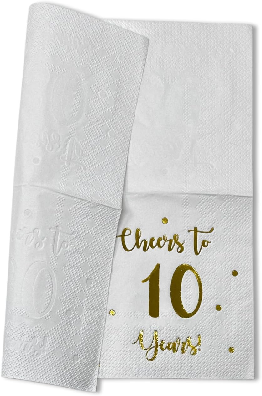 Cheers to 10 Years Cocktail Napkins | Happy 10th Birthday Decorations for Men and Women and Wedding Anniversary Party Decorations | 50-Pack 3-Ply Napkins | 5 x 5 inch Folded (White)