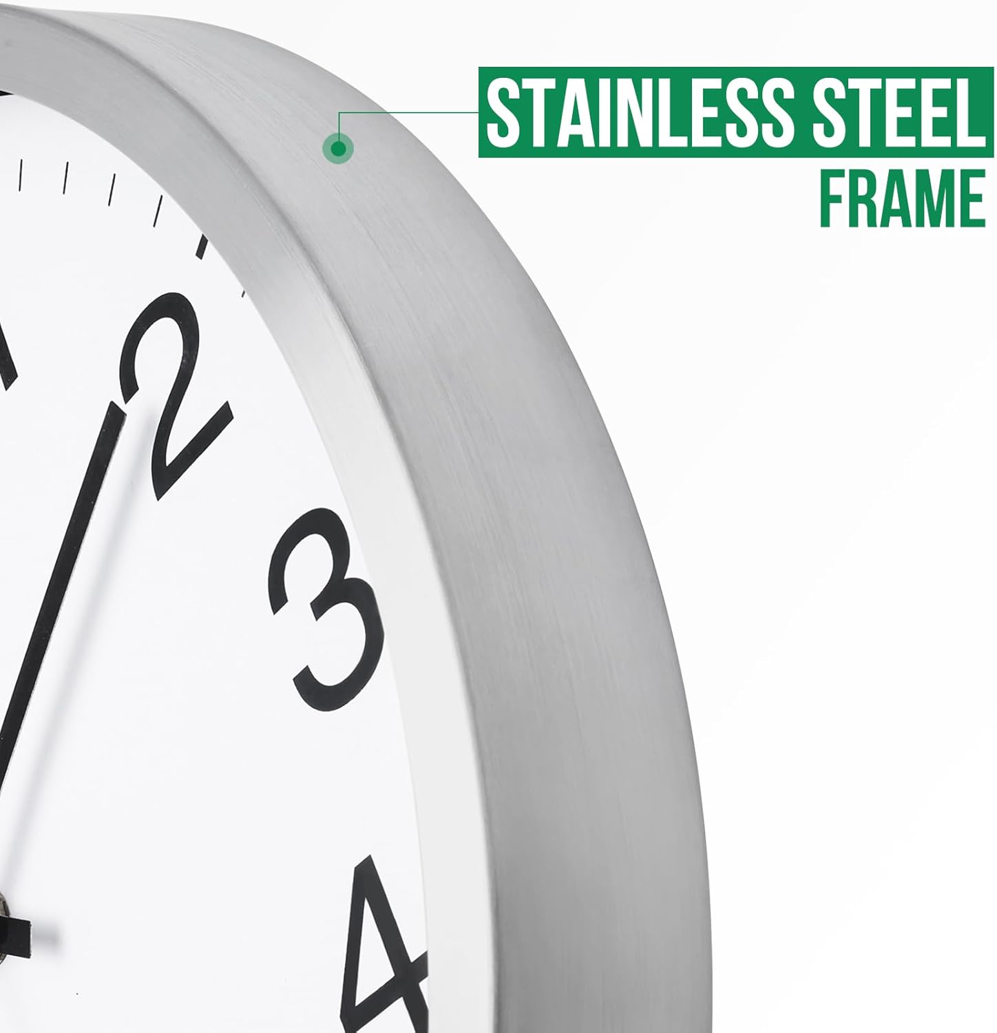 Wall Clock 12 Inch Silver Brushed Finish Silent Non Ticking Indoor Clock Round Battery Operated Stainless Steel Wall Clocks for Home, Office, Hotel, Bedroom, Living Room, Kitchen