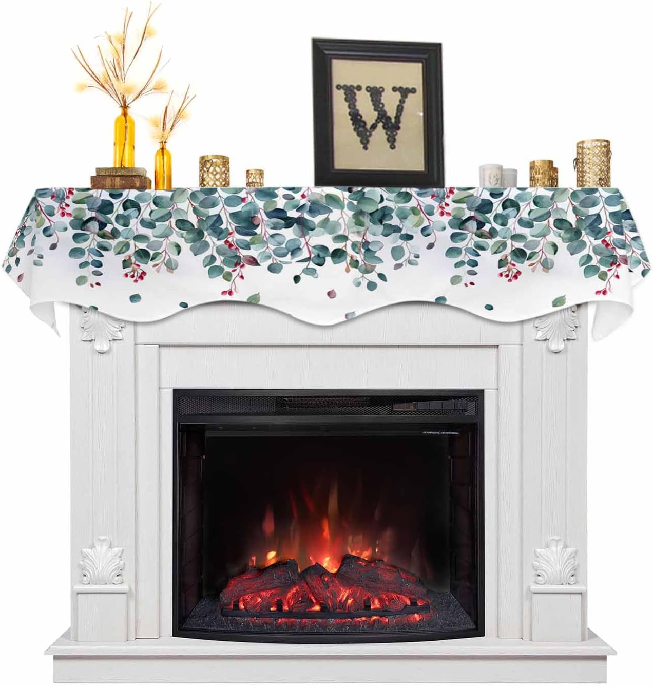 T&H XHome Mantle Scarf 60 x 17 Inch Spring Summer Fireplace Decorations Watercolor Green Eucalyptus Leaves Plants Mantel Cover Runner for Holiday Home Living Room Indoor Decor