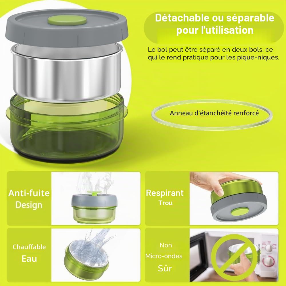 Lille Home Lunch Box Set 1065ml, Boîte à Bento/Snack Isotherme sous Vide pour Garder Les Aliments Au Chaud, avec 2 Récipients Alimentaires, Sac à Lunch, Ensemble de Couverts (Vert)
