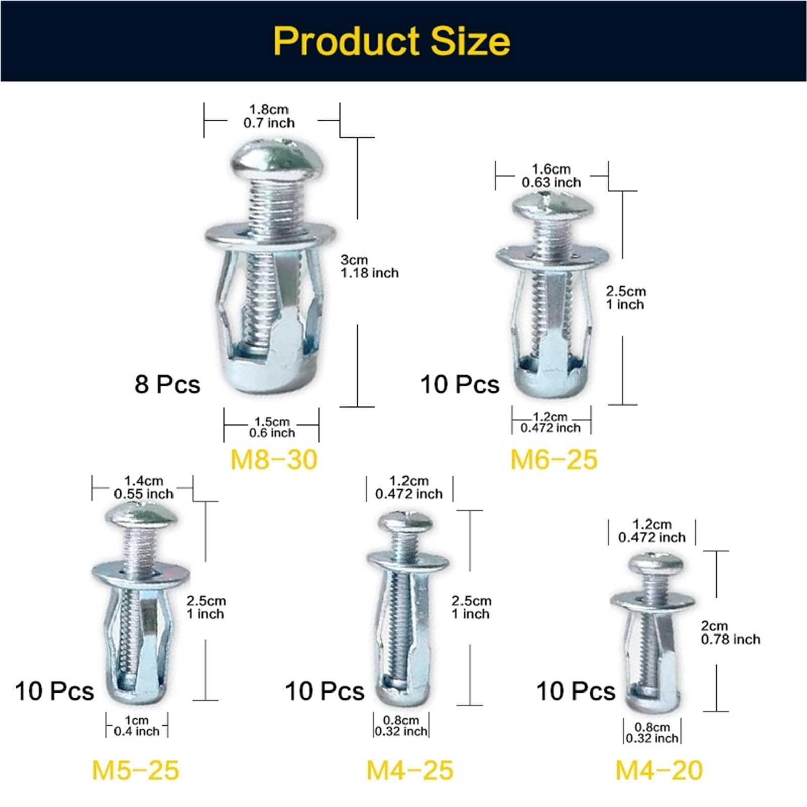 Tacos de expansión Tuercas de pétalo, tuercas expansión, remaches acero al carbono con forma, M4, M5, M6 y M8(Combination(48pcs))