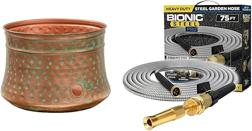 Liberty Garden 1917-G Manguera de jardín, martillada, pátina y acero biónico PRO - Manguera de jardín de metal de acero inoxidable 304 de 75 pies -