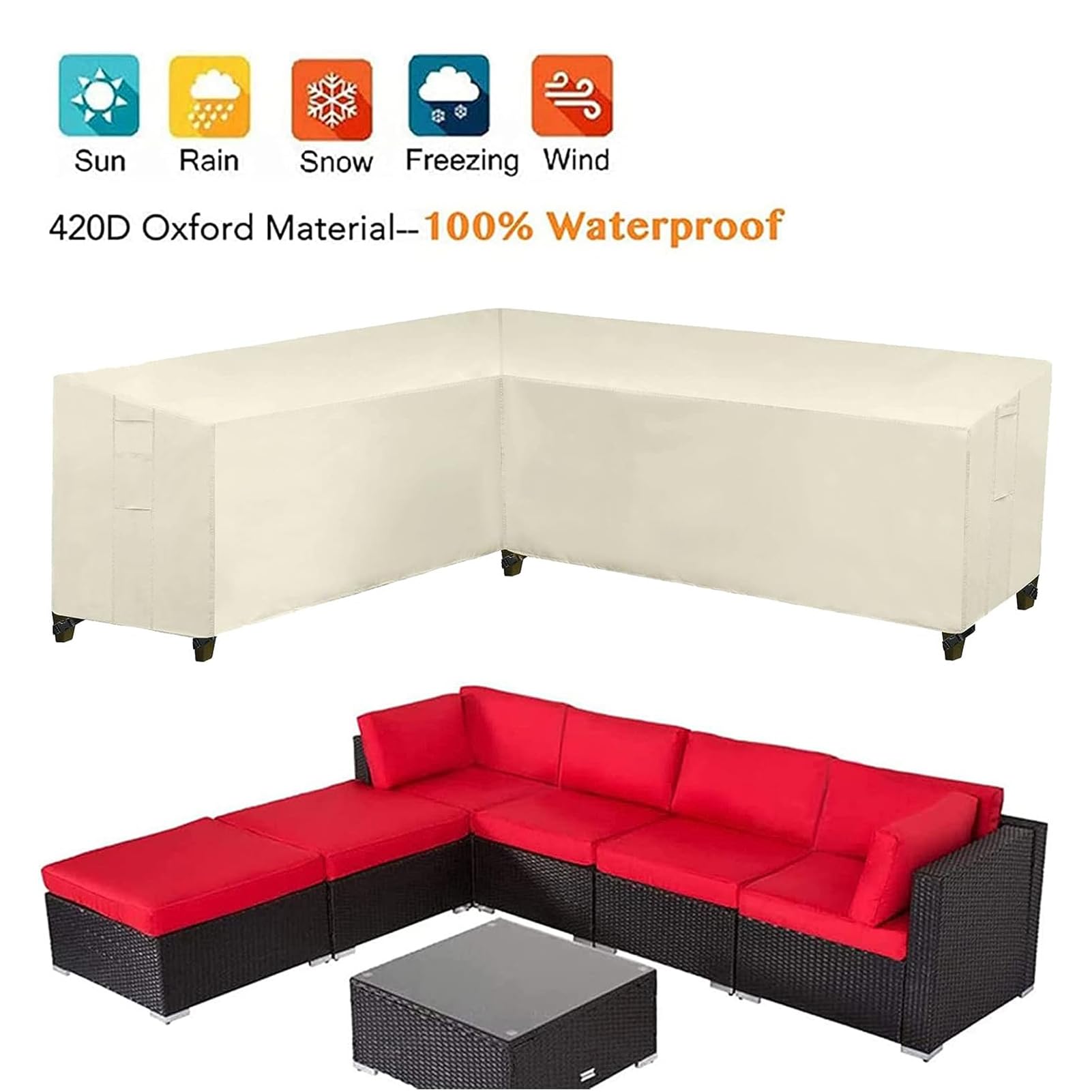Fundas de sofá de jardín en Forma de L, Tela Oxford 420D, Impermeable Funda Sofa para Exterior, Funda para Muebles de Jardín, para Jardin Sofá Seccional (222x286x78cm,Blanco)