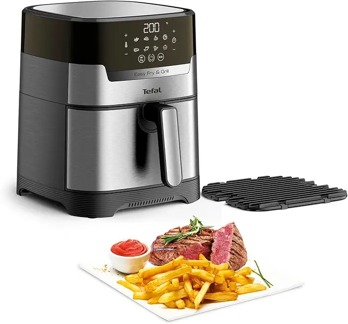 Tefal Easy Fry & Grill Heißluftfritteuse, 2-in-1 Technologie Air Fryer und Grill, Digitales Display, 4,6 Liter für 6 Portionen, 8 Kochprogramme, energiesparend, ohne Öl, Edelstahl, XL Volumen, EY505D