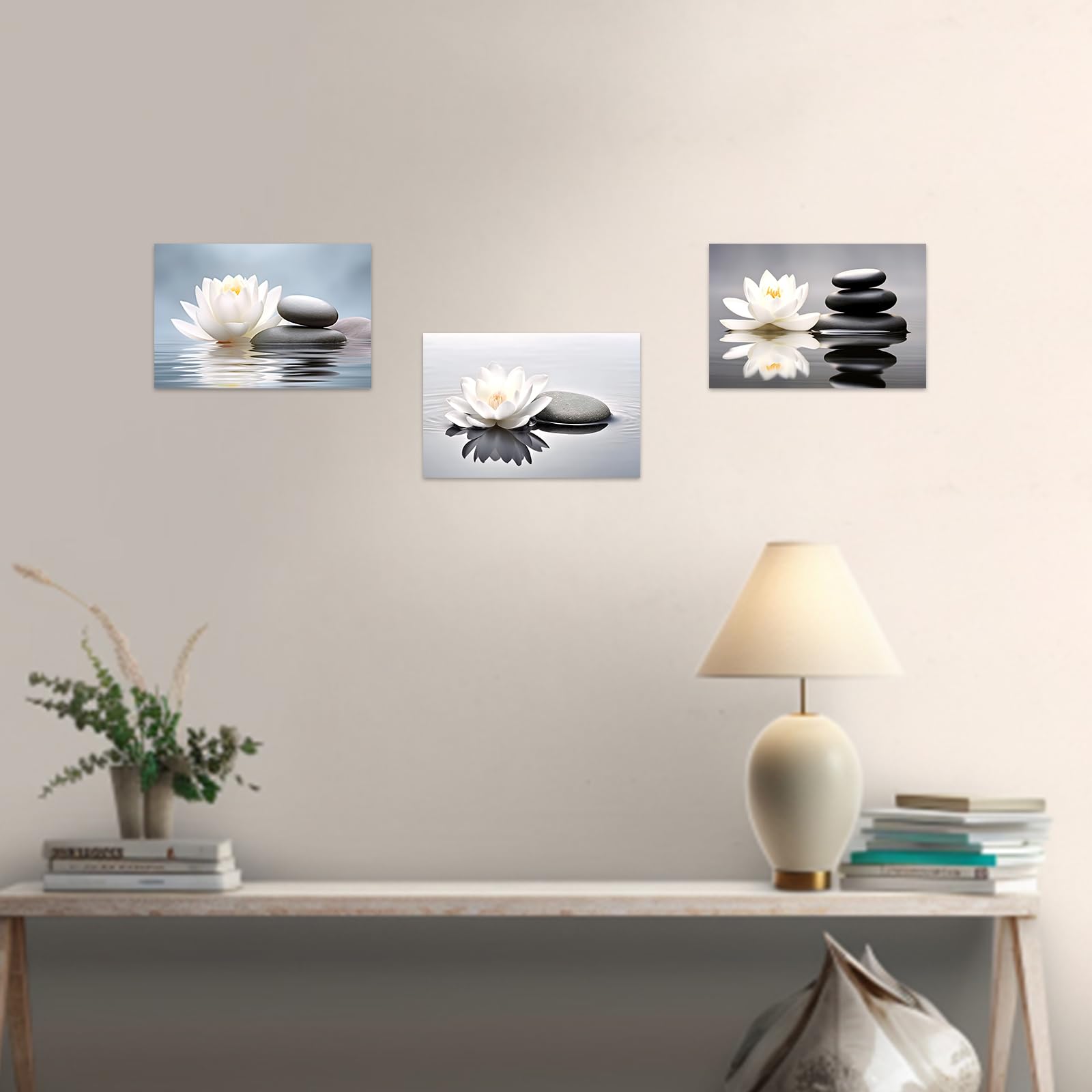 CCWACPP Lienzo zen para pared, 3 piezas, loto blanco y piedras Zen negras, impresiones para yoga, spa, meditación, habitación espiritual, decoración de baño, marco (40 x 60 cm x 3 piezas)