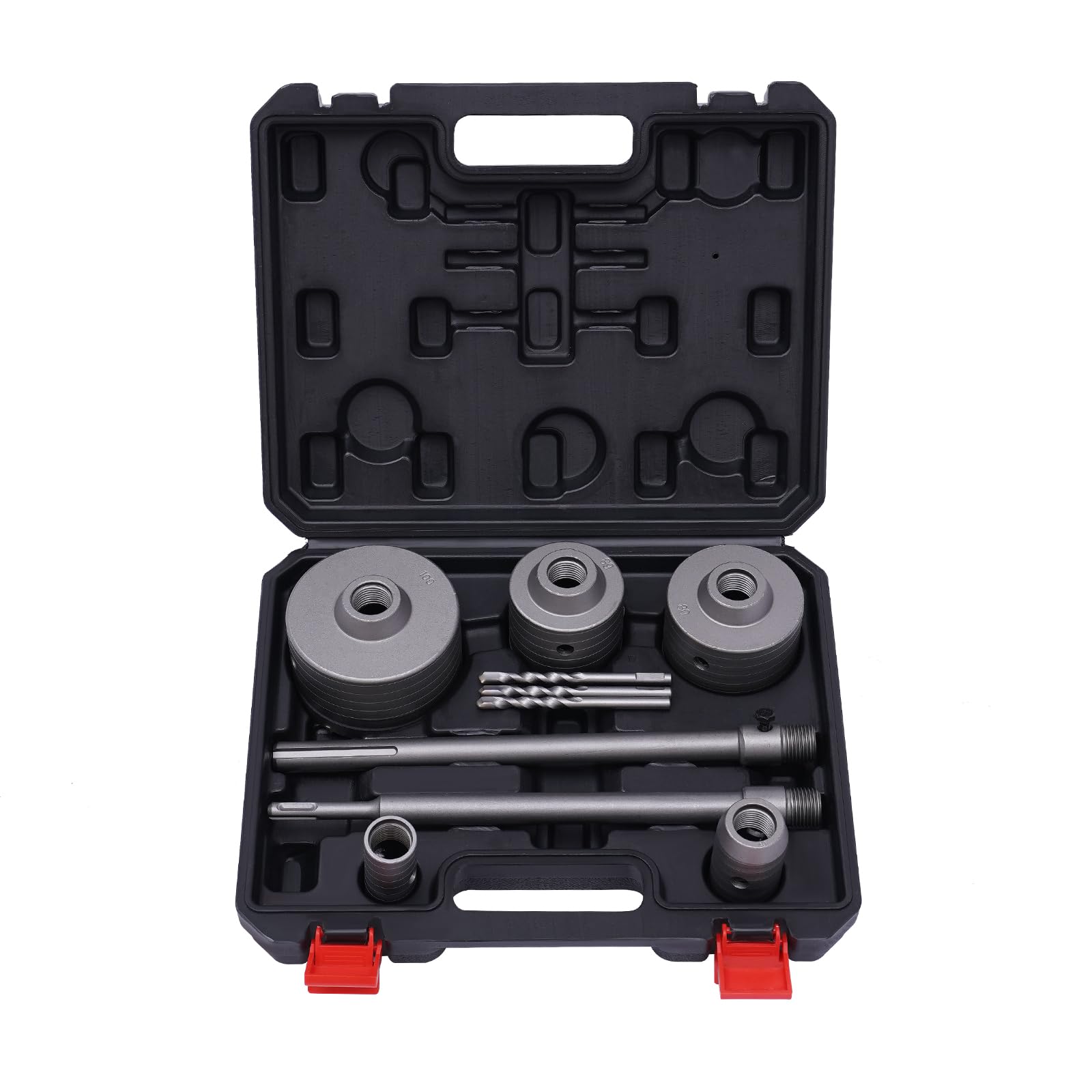 Set di seghe a tazza per calcestruzzo, Ø 30/40/68/80/100 mm, con attacco SDS Plus da 300 mm, codolo SDS-Max da 300 mm e 2 punte di centraggio per pareti in mattoni, pareti in schiuma e pareti in