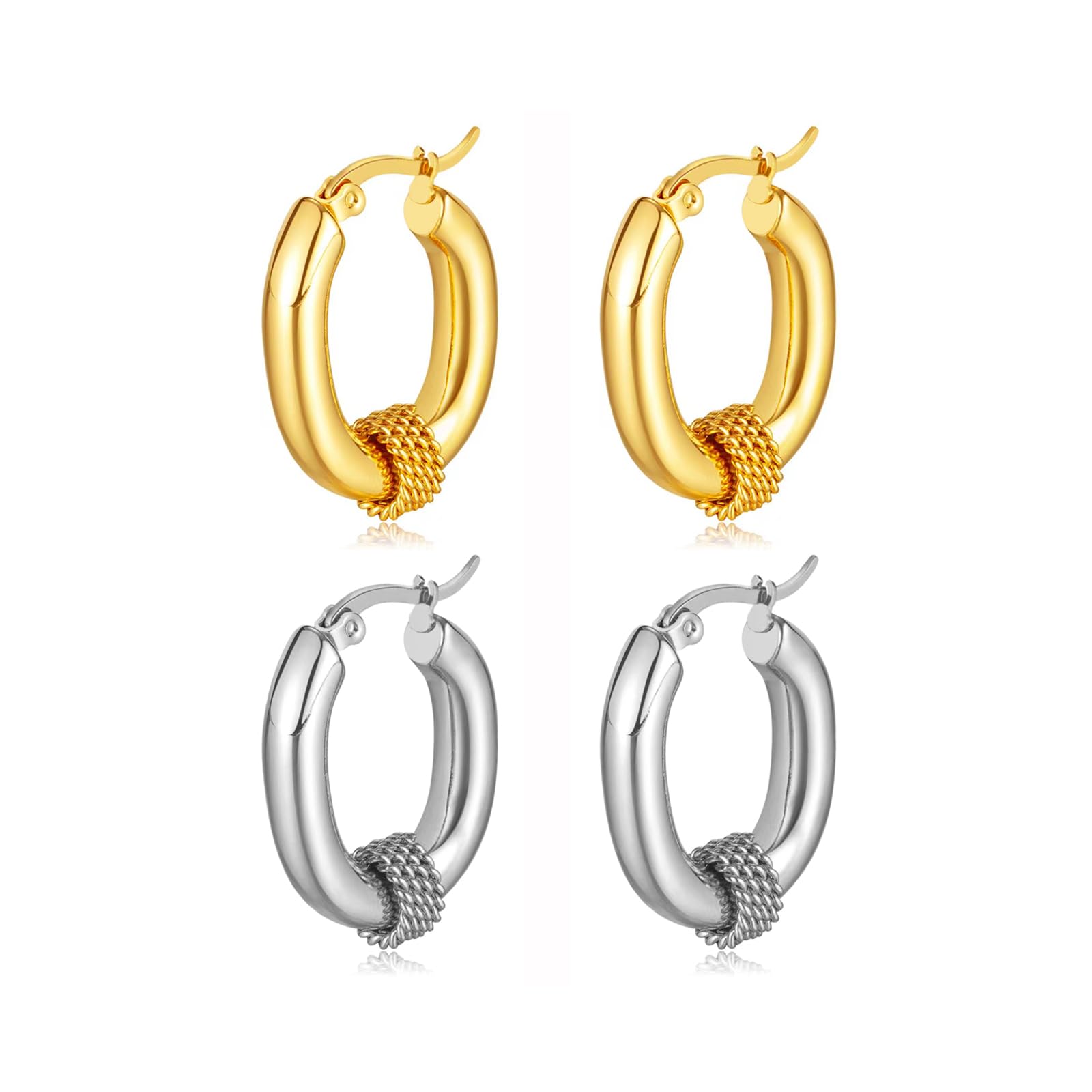 2 Pairs Gold/Silver Hoop Earrings For Women Set Trendy,14K Plated Gold Chunky Huggie Hoop Earings Pack,Oval Twisted Statement Silver Hoops,Fashion
