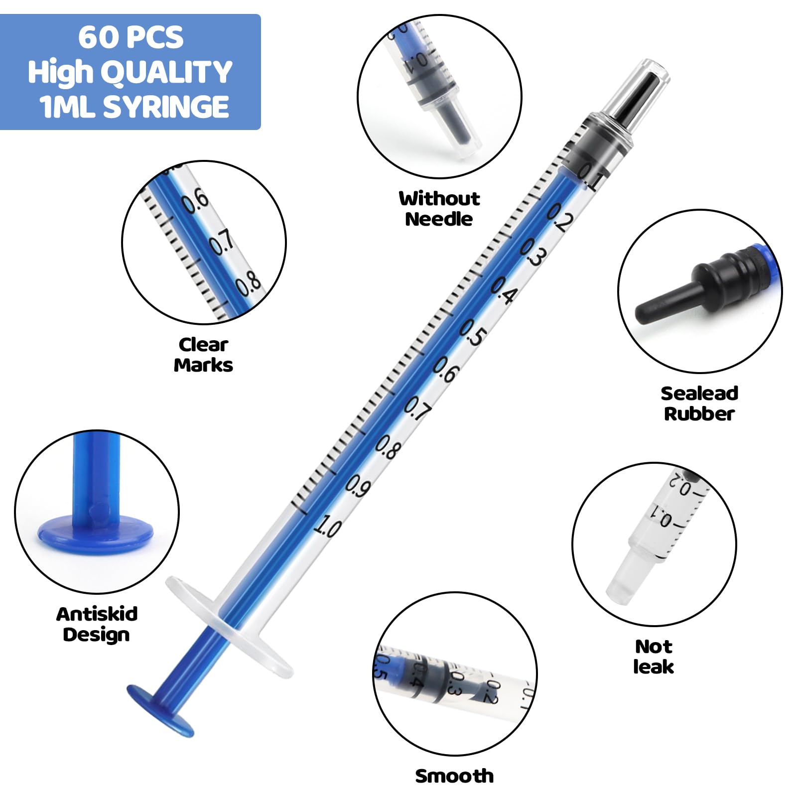 60 sztuk strzykawek 1 ml, sterylne, bez igieł, strzykawki jednorazowe z siarą, 1 ml, z nasadkami do karmienia małych zwierząt, pomiaru płynów i laboratoriów naukowych