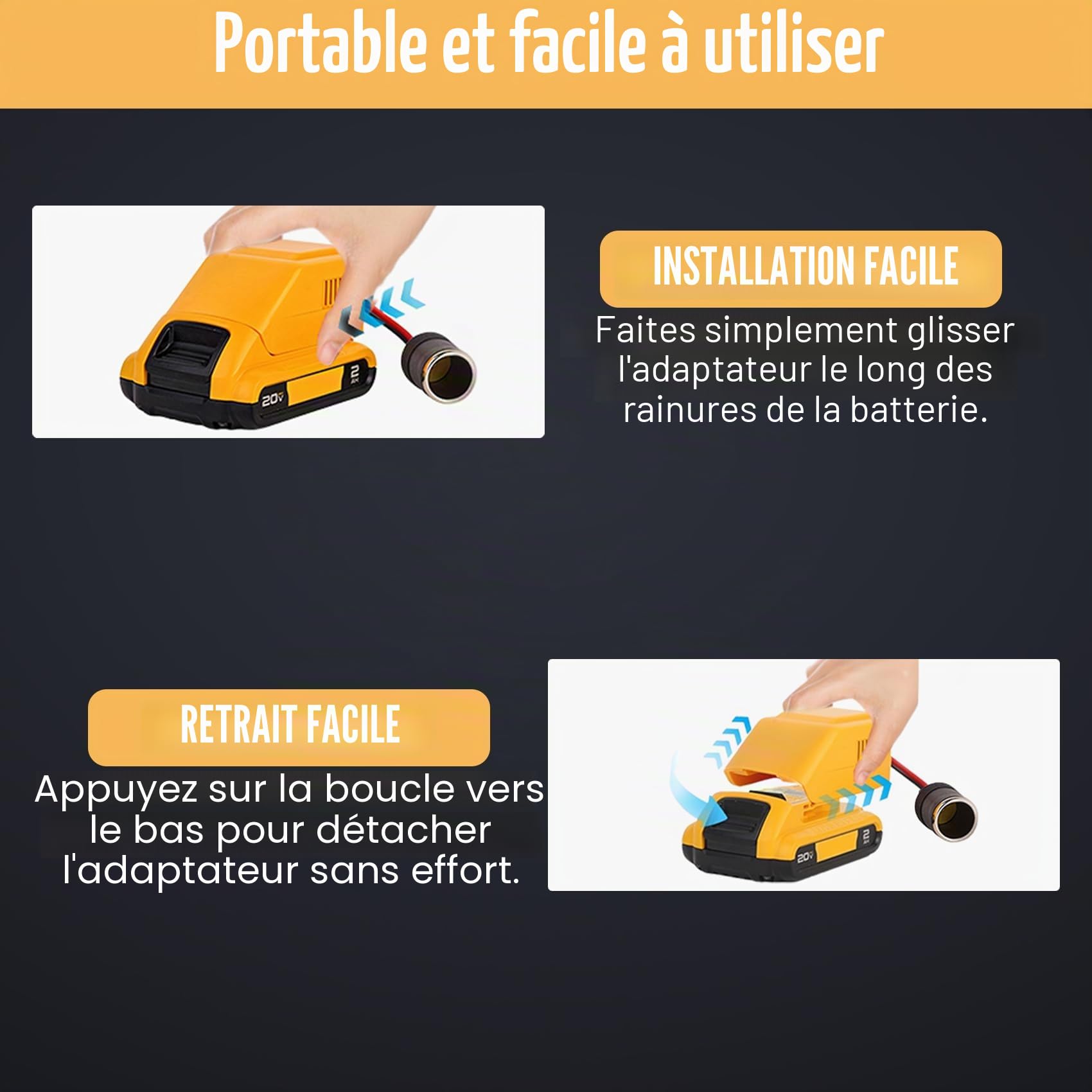 TONSIM Convertisseur 18V à 12V Compatible avec Batteries Dewalt – Adaptateur avec Prise Allume-Cigare pour Appareils 12V et Accessoires Auto