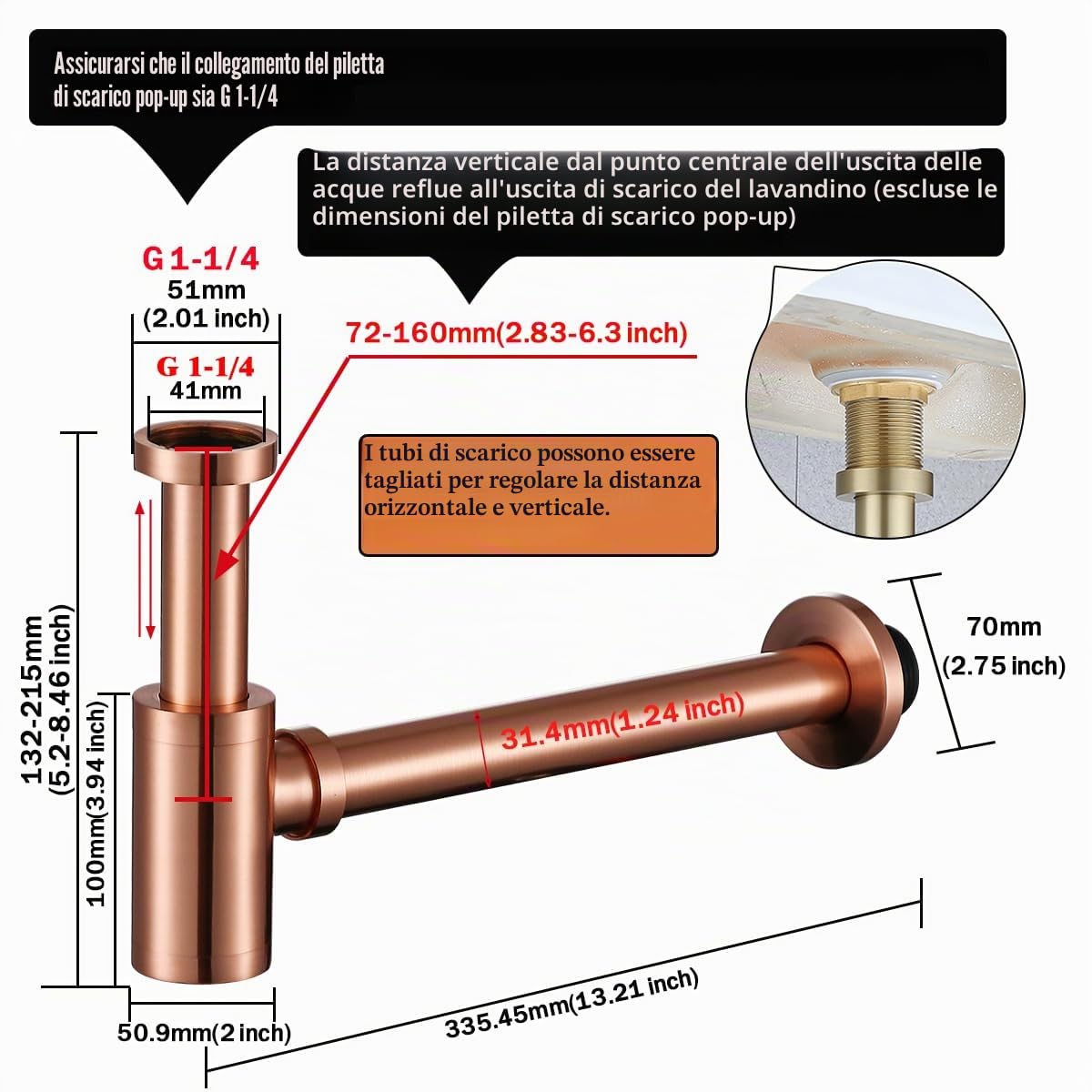 RANDOM Sifone rotondo in ottone, stile contemporaneo, 1 1/4 di scarico per lavabo, kit di scarico P, rame satinato, anche rame antico rosso (oro rosa spazzolato)