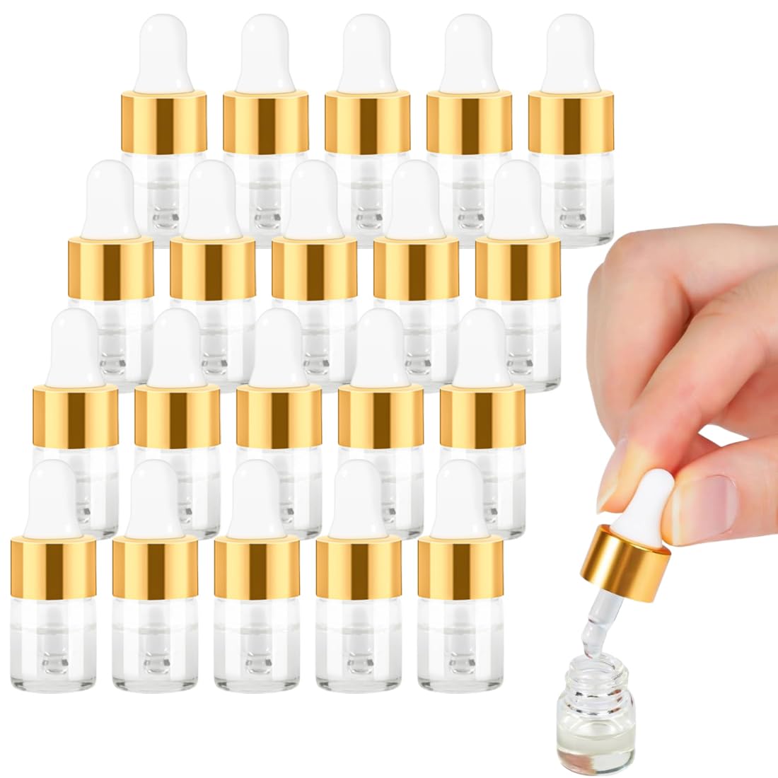 20 unidades Mini botellas con pipeta, frascos de vidrio transparente con gotero, ideales para aceites esenciales, aromaterapia, masajes y cuidado de uñas (2ml)