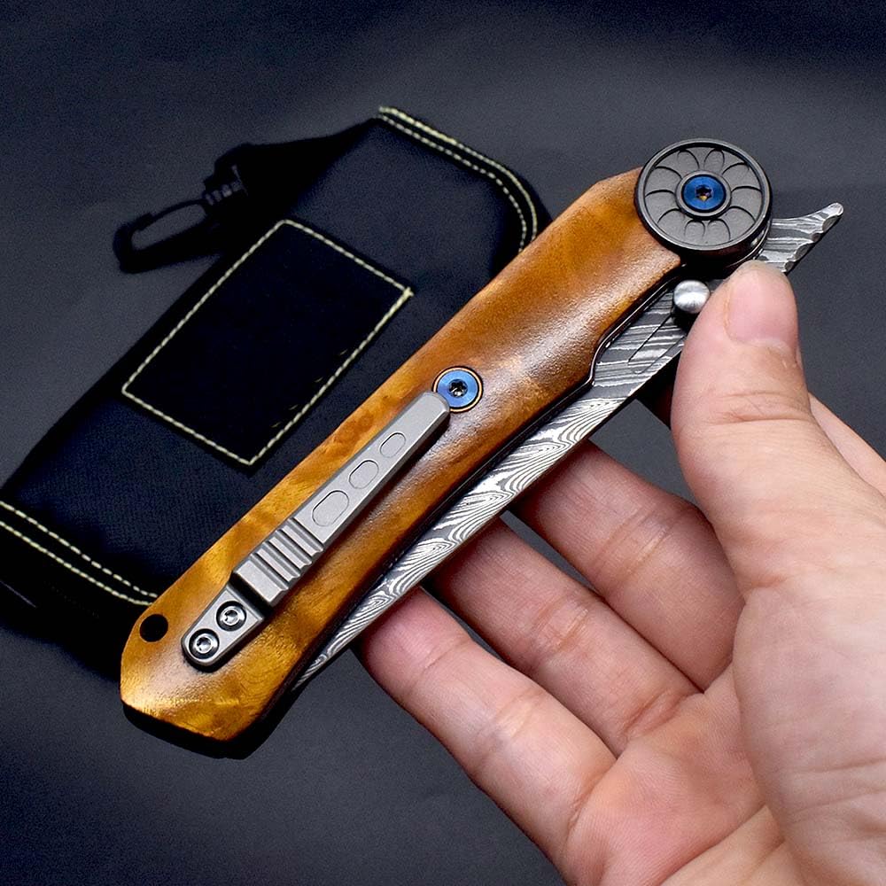 Taschenmesser slim klappmesser Damast 7.5cm VG10 Damaststahl Holzgriff Grün Stabilisiertes Holz Faltbar Edc tanto messer flipper Damaszener geschmiedet ‌einhandmesser mit lederscheide,Premium Eleganz