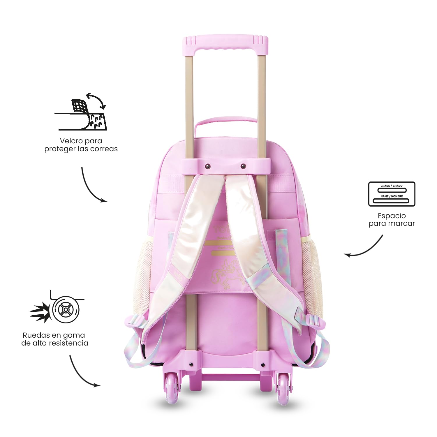 TOTTO - Mochila Escolar con Ruedas, Modelo Unicorn Kisses L, Mochila Grande, Capacidad 31 L, Bolsillos Botella, Compartimento Frontal, Protección en la Base, Correas Ajustables, Estampado Rosa