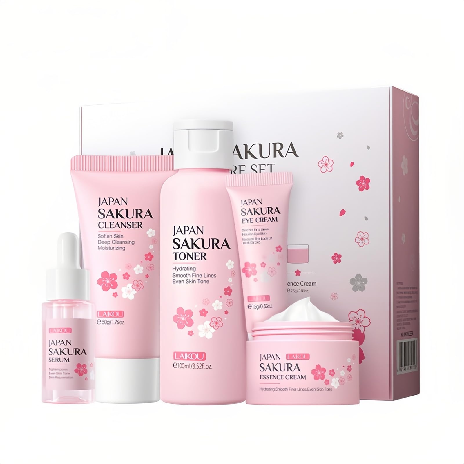 Skincare Set for Women, Skin Moisturizing Kit SAKURA Clean & Care for Teen Girls, Travel Daily Hydration Glowing Kit| Cleanser Toner Serum Eye Cream Face Cream (5PCS)