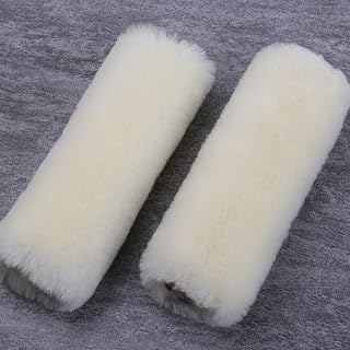 OGLAND 2 Pack Natural Fur Comfort Auto Authentic Sheepskin Car Seat Belt Pads for Adults, Soft Texture Shoulder Neck Cushion Pad Protector, Genuine Australia Merino Wool Cover (Cream White)