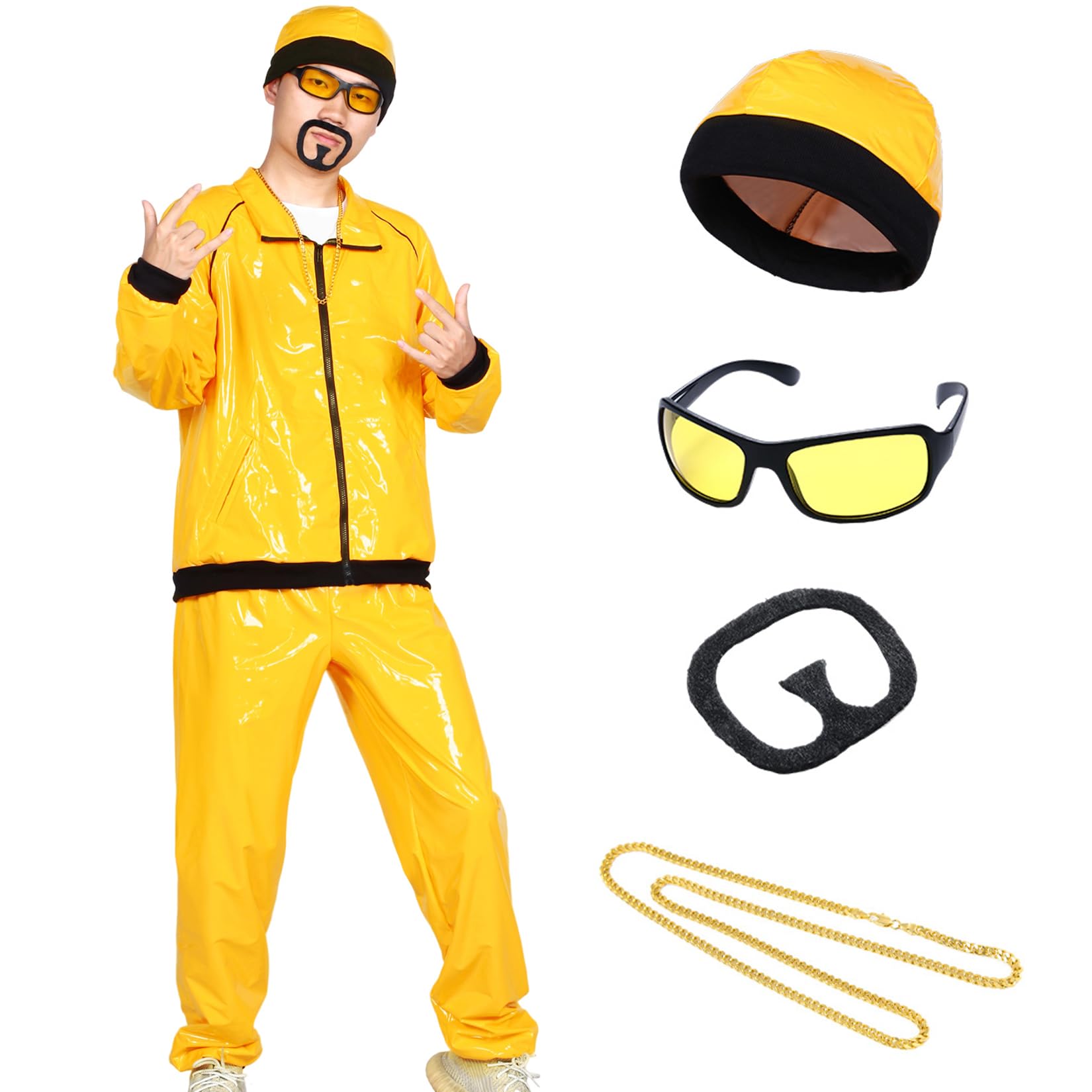 Alaiyaky 90s Fancy Dress Costumes Set for Adults, Yellow Shell Suit 90s Celebrity Costume with Hat Sunglasses Gold Chain and Black Goatee, Funny Rapper Outfit for Halloween Rave Party (Yellow, XXL)