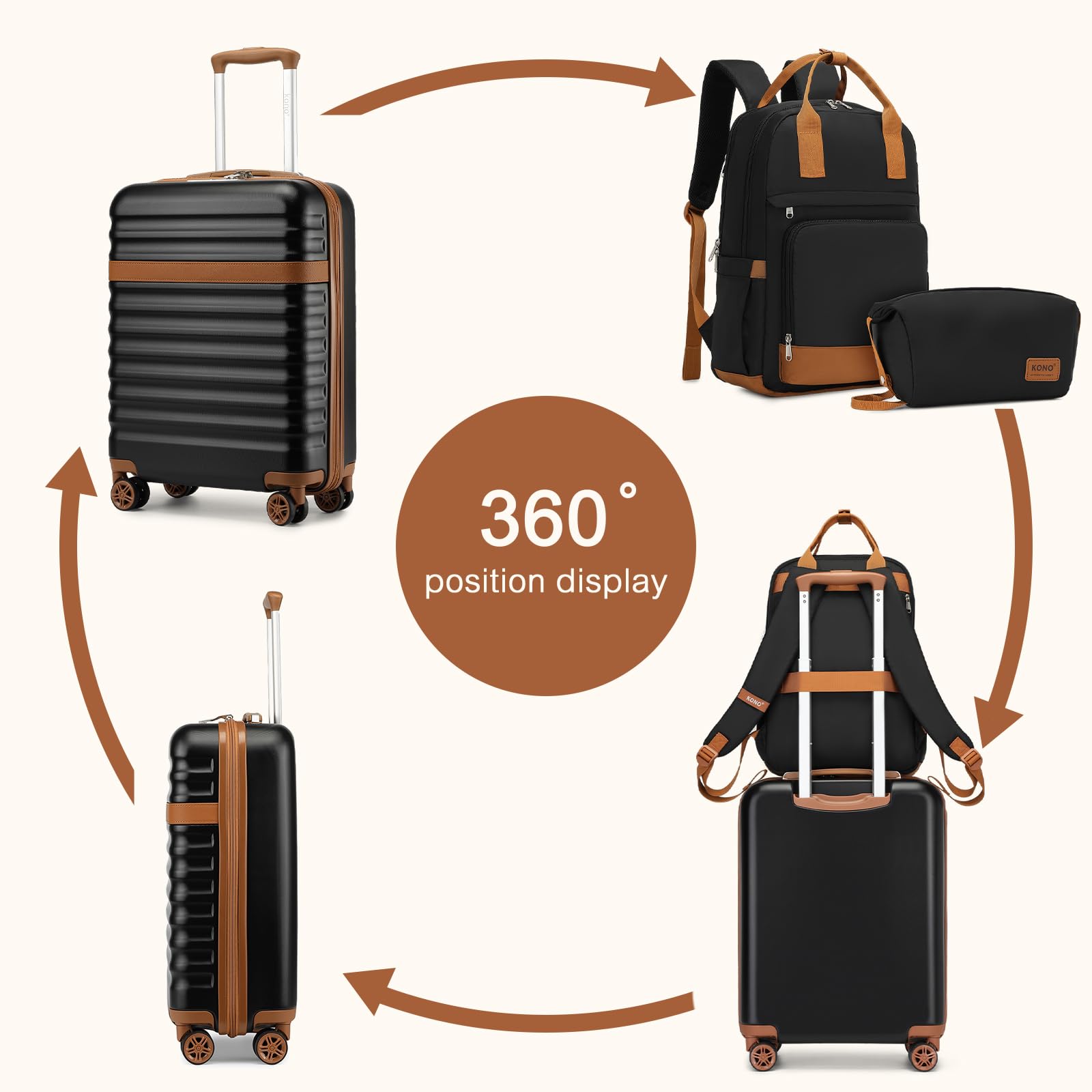 Kono Juego de Maletas de 3 Piezas Maleta de Mano ABS + PC rígida con Cerradura TSA y 4 Ruedas giratorias, 20 Inch Luggage Set, Maleta de Mano rígida Ligera para Cabina de Viaje（Negro/Marrón）