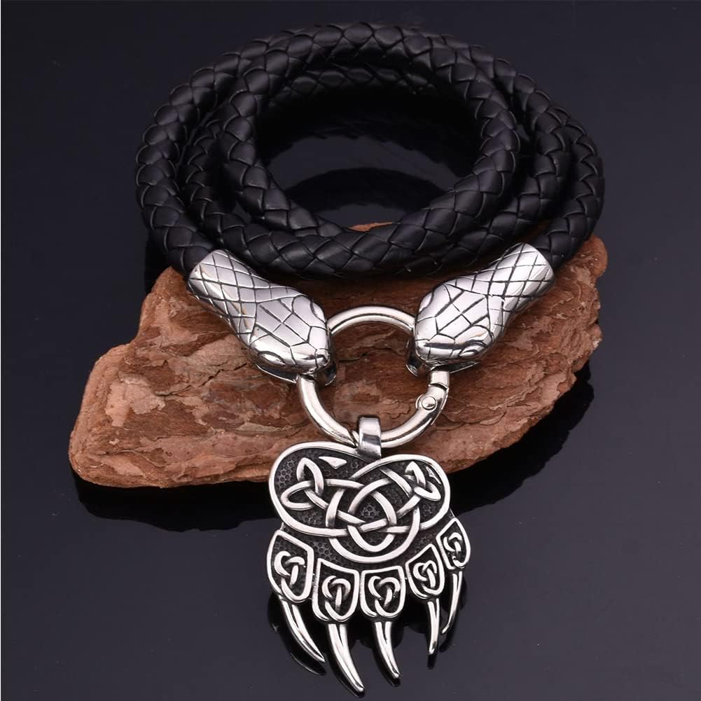 Men's Jewelry Viking Odin Celtic Knot Bear Claw Wolf Head Pendant Necklace, Norse Myth Hand Braided 6Mm Leather Chain,Gold,60cm