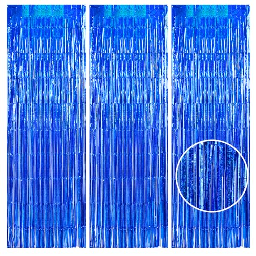 TONIFUL 3Pcs Laser Blue Door Streamers, Photo Booth Backdrop Metallic Streamers Foil Fringe Curtains for Birthday, Christmas, New Year, Bachelorette, Grad Party Decor (9.9ft x 6.6ft)