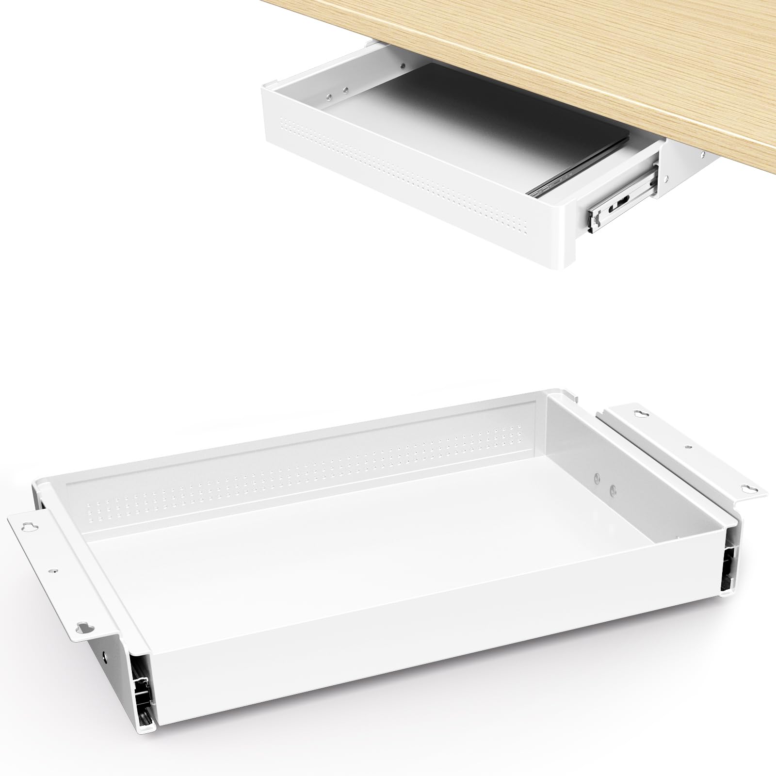 Tiroir de Rangement sous Bureau 400mm de large,Charge Max 8 kg | Organisateur Coulissant Fluide pour Bureau Assis-Debout et Bureau à Domicile,Glisse Silencieuse,Blanc
