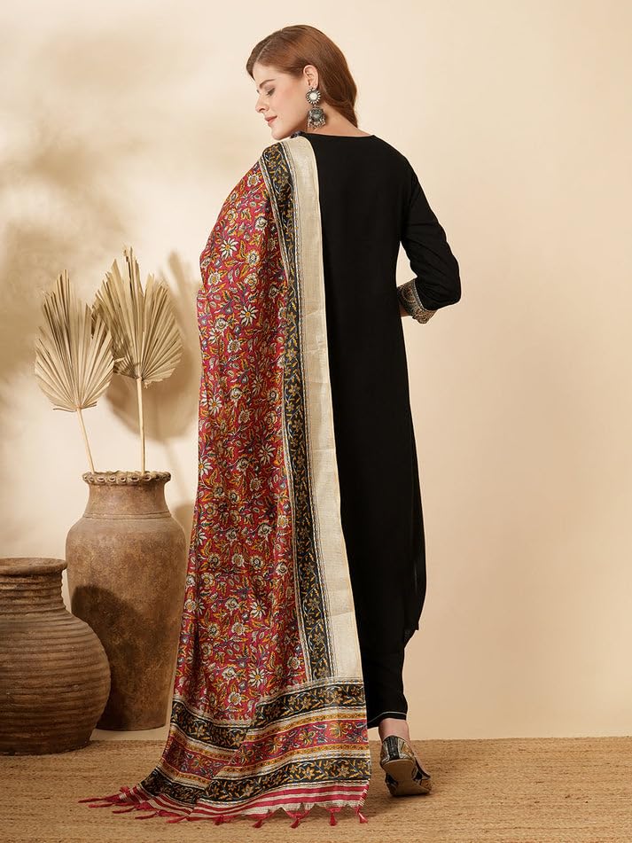 Image of Solid Ethnic Embroidered A-Line Pleated Kurta with Palazzo & Printed Dupatta