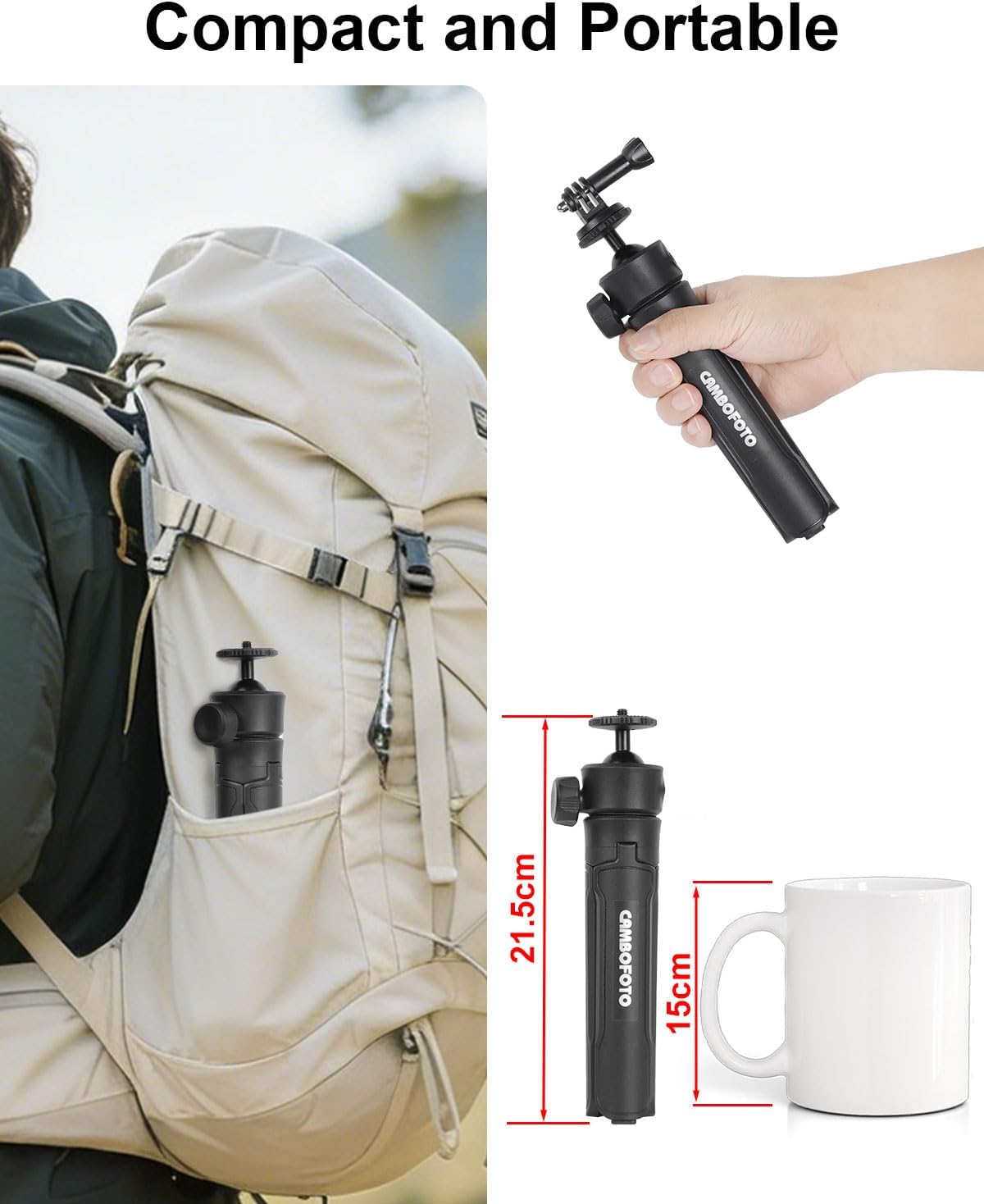 CAMBOFOTO Phone Tripod, Lightweight Stand– Stable, Compact Folding Design with Quick Lock Storage – Perfect for Vloggers, Photographers and Content Creators with Phone Holder and Action Camera Mount
