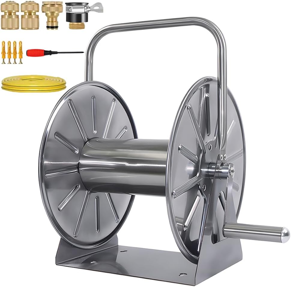 Stainless Steel Garden Hose Reel, Wall/Floor Mounted Stainless Water Hose Reel with 6 Ft Leader Hose and Brass Connector, 135-Feet 1/2" Hose Capacity