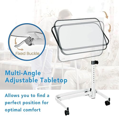 Miniatura 5 de Mesita de noche ajustable con ruedas para uso en el hospital y el hogar, color blanco