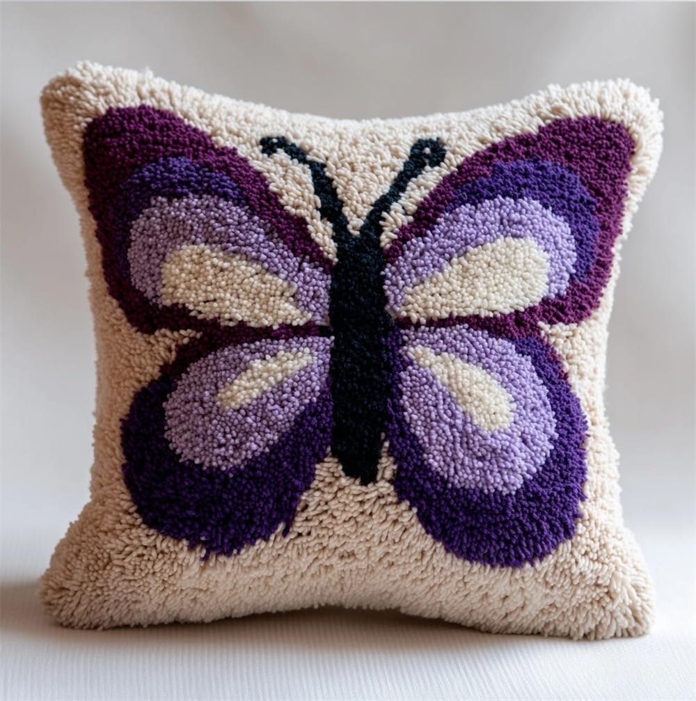 FWRTYCB Latch Hook Pillow Kits for Adults Purple Butterfly Knitting Kits C