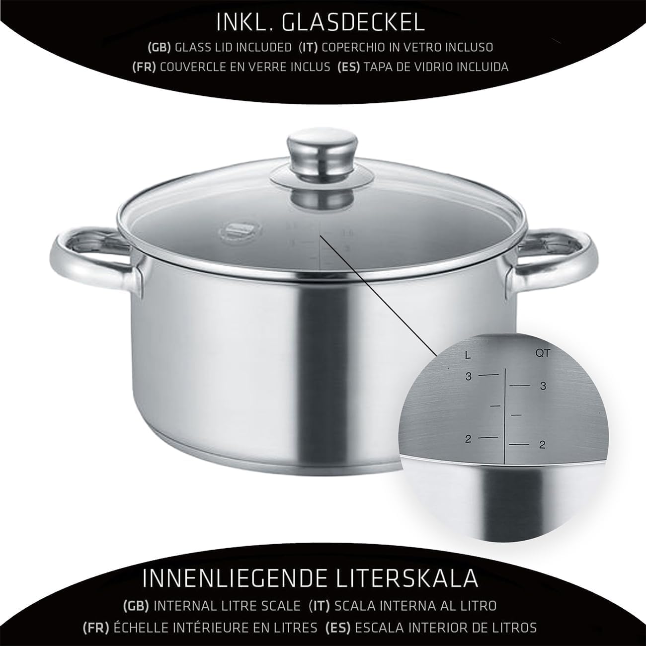 Berndes 5-teiliges Topfset New Roma, Kochtopf Set aus Edelstahl, induktionsgeeignet, Töpfe mit Deckel, new Roma Bratentopf 20