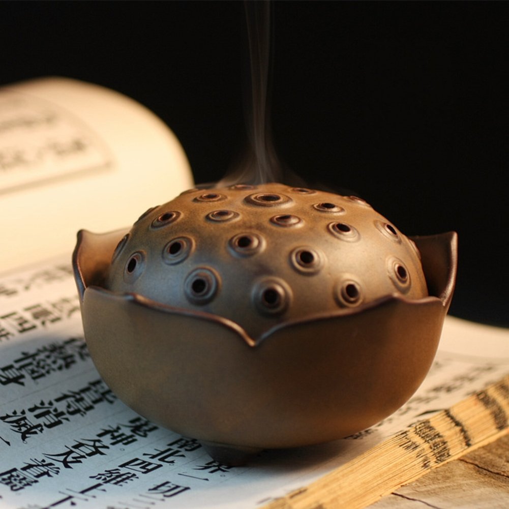 Creative incense burner,Retro lotus flower incense stick holder decorated thurible porcelain incense ash catcher tray bowl-A D4*H2.7inch(10*7cm)