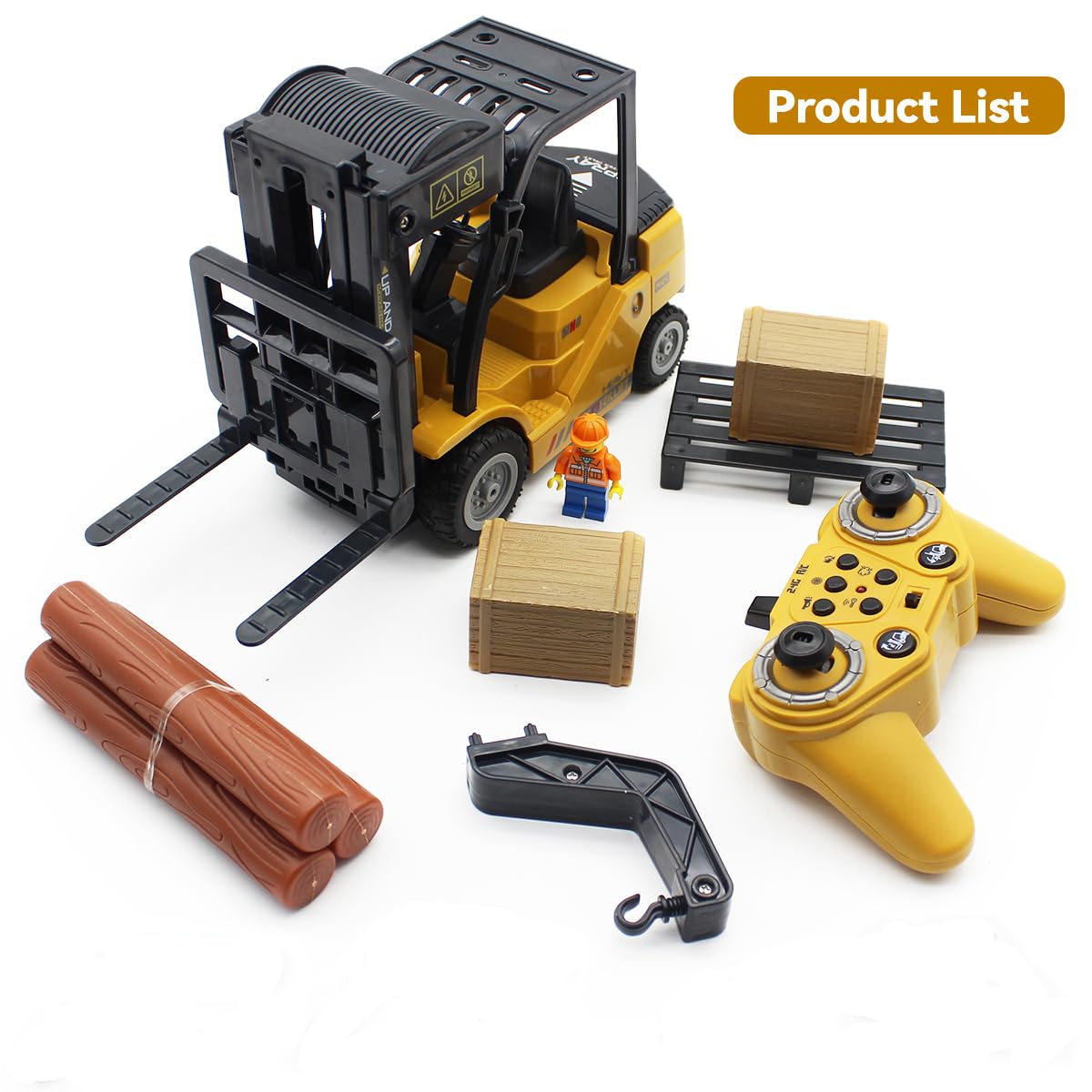 Carretilla elevadora a control remoto de 12 canales y 2 modos de carretilla elevadora, W/palets/cajas/sonido/luz/aerosol, dos baterías recargables y carga, mini carretilla elevadora para 9
