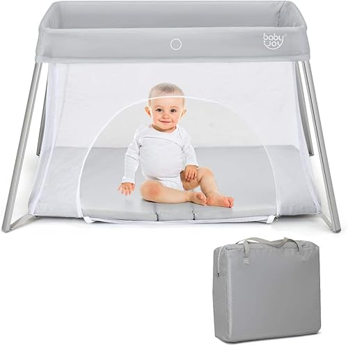Miniatura 1 de BABY JOY Cuna de viaje 2 en 1 con cremallera lateral paquete portátil y juego con colchón suave lavable juguete ligero sin instalación con bolsa de