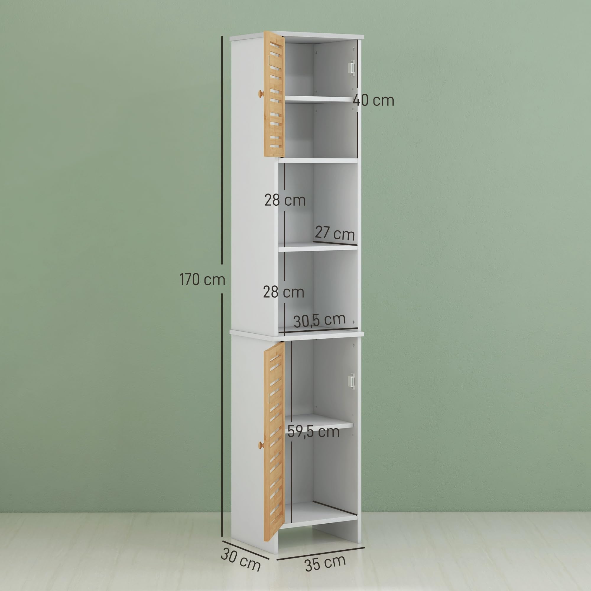 HOMCOM Columna de Baño Moderna Armario Alto de Baño con Estantes Ajustable y Puerta de Bambú Anti-vuelco 35x30x170 cm Blanco y Natural